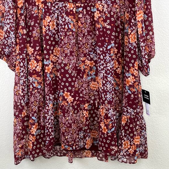 Sandra Darren Burgundy Floral Balloon Sleeve V-Neck Babydoll Mini Dress 6 NWT - Picture 7 of 15